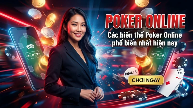 Ba biến thể poker online: Texas Hold'em, Omaha và Seven-Card Stud với biểu tượng bài