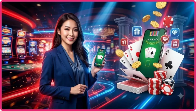 Bàn blackjack với bài và chip, minh họa game đánh bài blackjack