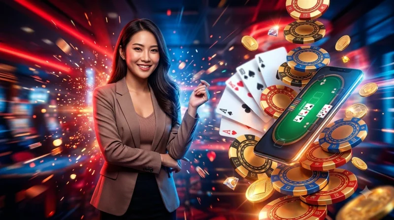 Bàn tay cầm bộ bài royal flush với chip vàng, hộp quà và điện thoại hiển thị biểu tượng thích