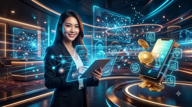 Người chơi đặt cược baccarat với biểu đồ xu hướng và biểu tượng quản lý rủi ro