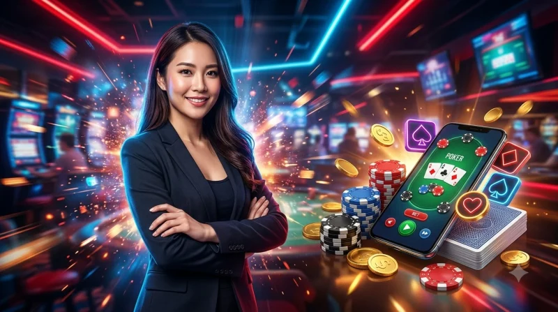 Thiết bị điện tử hiển thị game poker online với bài và chip xung quanh