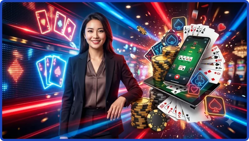 Thiết bị điện tử hiển thị game poker online với bài và chip xung quanh